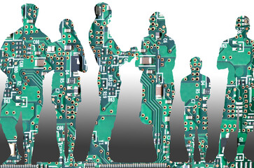 Fototapeta na wymiar Leiterplatine eines Computers in Form einer sechsköpfigen Personengruppe vor neutralem Hintergrund