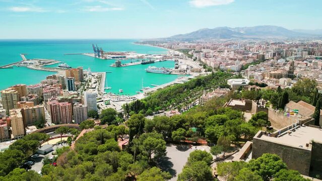 Malaga, Andalusia. Aerial view of city skyline from the castle on a beautiful spring day