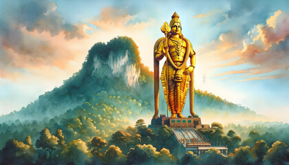 Watercolor golden lord murugan statue in the sunset.