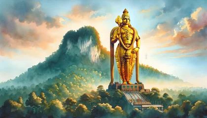 Tuinposter Watercolor golden lord murugan statue in the sunset. © Milano