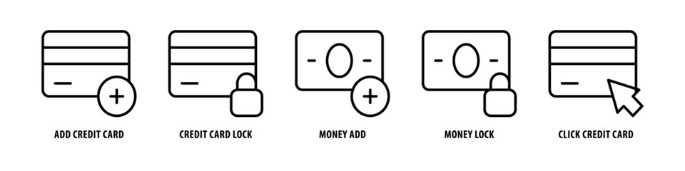 Fototapeta premium EDC, Click Money, Money Insurance, Payment recieved, Time is money editable stroke outline icons set isolated on white background flat vector illustration.