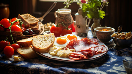 Traditional Italian breakfast, food, meal, dish, cooking, restaurant, delicious, cuisine, grill, plate, gourmet, table,  bread, eggs, prosciutto, ham, tomato condiments, vegetable, healthy, 16:9