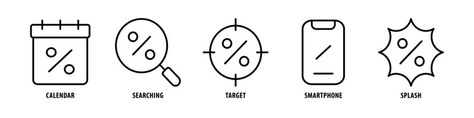 Splash, Smartphone, Target, Searching, Calendar editable stroke outline icons set isolated on white background flat vector illustration.