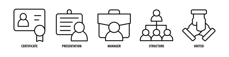 United, Structure, Manager, Presentation, Certificate editable stroke outline icons set isolated on white background flat vector illustration.