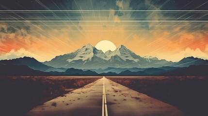 Fototapeta na wymiar Abstract art background of the road lead to the mountains in retro style 