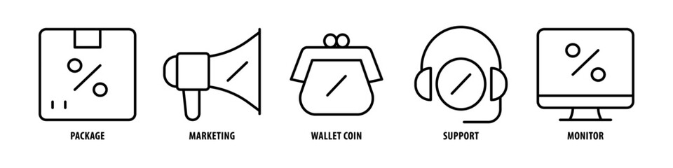 Monitor, Support, Wallet coin, Marketing, Package editable stroke outline icons set isolated on white background flat vector illustration.