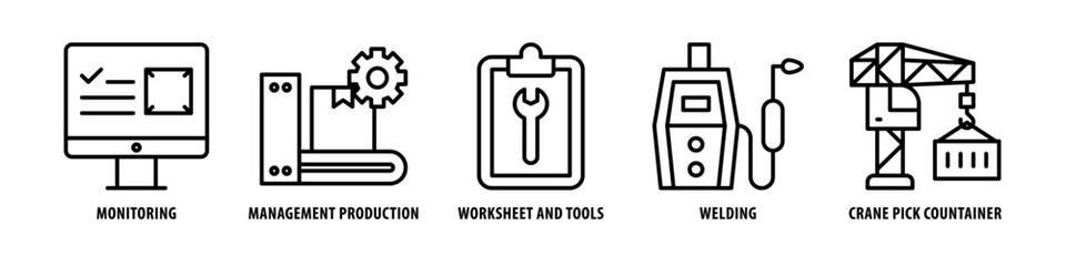 Crane pick container, Welding, Worksheet and tools, Management production, Monitoring editable stroke outline icons set isolated on white background flat vector illustration.