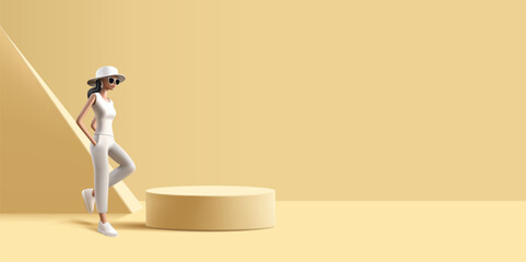 Young woman 3d illustration wearing hat and sunglasses, glamour posing with podium for product placement