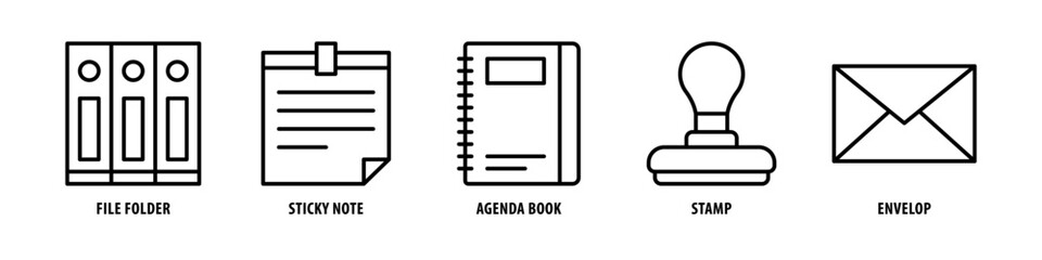 Envelop, Stamp, Agenda book, Sticky note, File folder editable stroke outline icons set isolated on white background flat vector illustration.