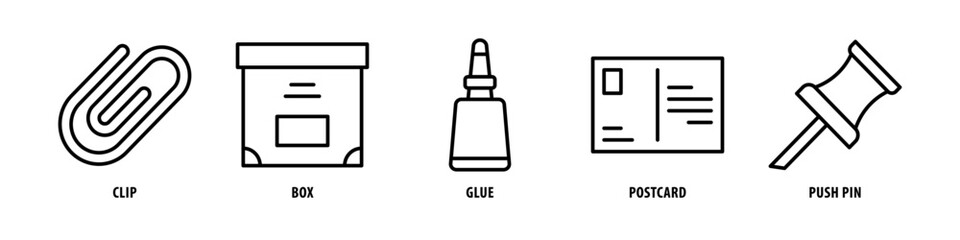 Push pin, Postcard, Glue, Box, Clip editable stroke outline icons set isolated on white background flat vector illustration.