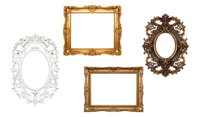White, Golden and wooden frames on transparent background. Decorative elegant luxury design, frame set, collection, rococo style, isolated on transparent background
