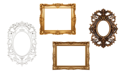 White, Golden and wooden frames on transparent background. Decorative elegant luxury design, frame set, collection, rococo style, isolated on transparent background