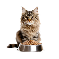 cat food in front of fluffy cat on transparent background