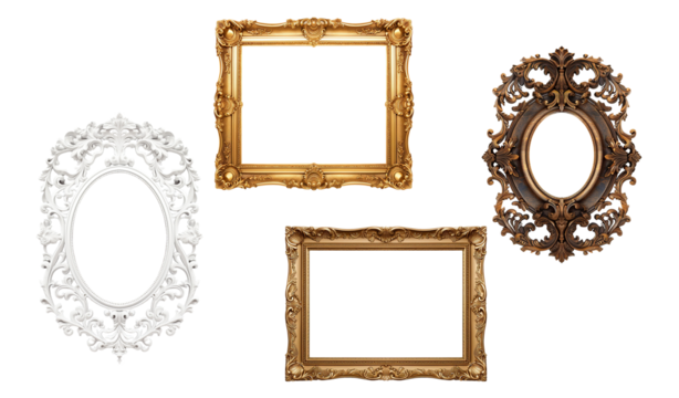 White, Golden and wooden frames on transparent background. Decorative elegant luxury design, frame set, collection, rococo style, isolated on transparent background