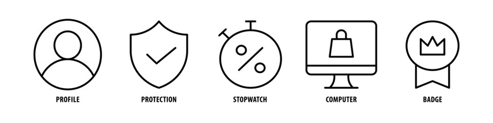 Badge, Computer, Stopwatch, Protection, Profile editable stroke outline icons set isolated on white background flat vector illustration.