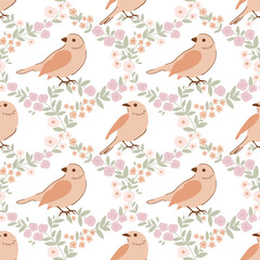 Beige birds seamless pattern with woodland sparrow and flowers. Spring floral damask vector ornament