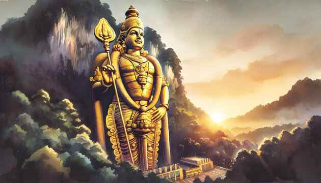 Gold statue of lord muragan at sunset watercolor illustration.