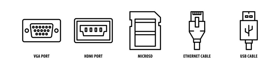 USB Cable, Ethernet Cable, MicroSD, HDMI Port, VGA Port editable stroke outline icons set isolated on white background flat vector illustration.