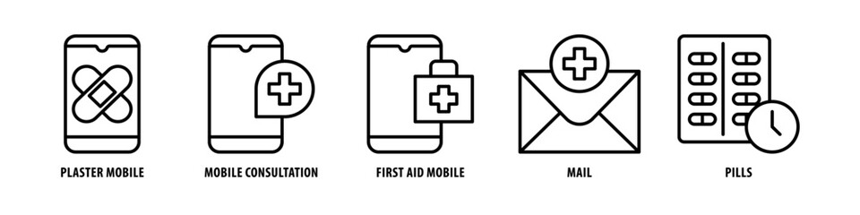 Pills, Mail, First aid, Mobile, Mobile consultation, Plaster, Mobile editable stroke outline icons set isolated on white background flat vector illustration. - obrazy, fototapety, plakaty