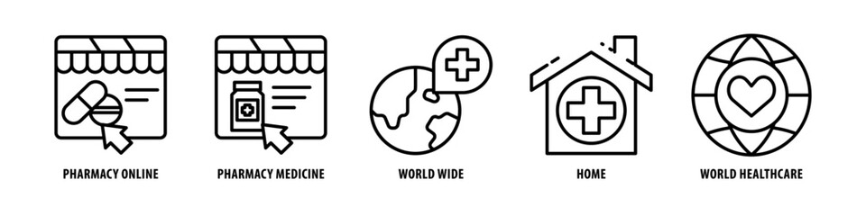 World, Healthcare, Home, World Wide, Pharmacy Medicine, Pharmacy Online editable stroke outline icons set isolated on white background flat vector illustration.