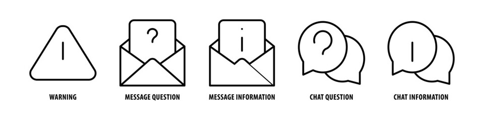 Chat Information, Chat Question, Message Information, Message question, Warning editable stroke outline icons set isolated on white background flat vector illustration.