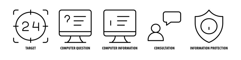 Information protection, Consultation, Computer Information, Computer Question, Target editable stroke outline icons set isolated on white background flat vector illustration.