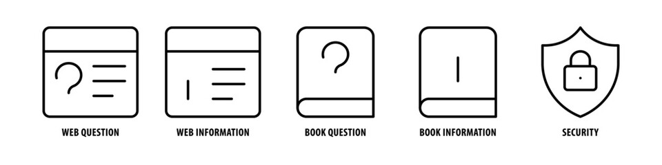 Security, Book Information, Book Question, Web Information, Web Question editable stroke outline icons set isolated on white background flat vector illustration.