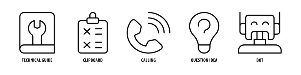 Bot, Question Idea, Calling, Clipboard, Technical guide editable stroke outline icons set isolated on white background flat vector illustration.