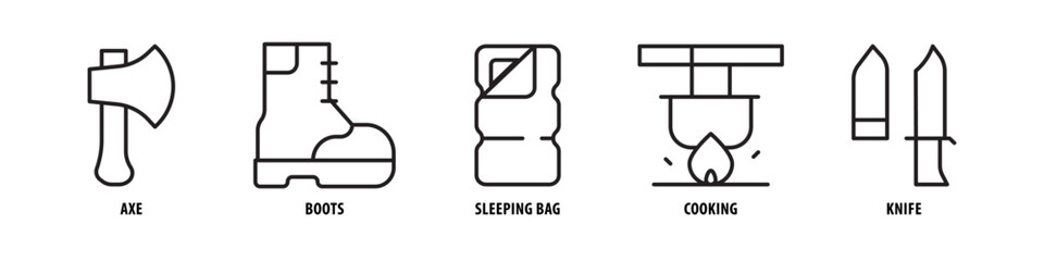 Knife, Cooking, Sleeping Bag, Boots, Axe editable stroke outline icons set isolated on white background flat vector illustration.