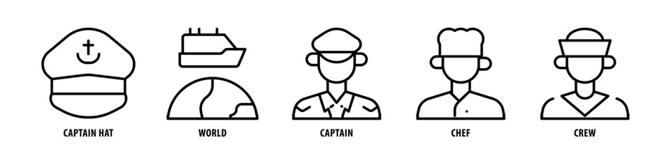 Crew, Chef, Captain, World, Captain Hat editable stroke outline icons set isolated on white background flat vector illustration.