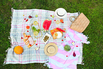 Picnic with white wine on green grass