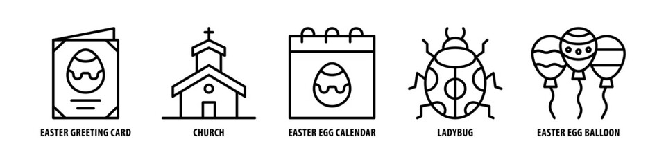 Easter Egg Balloon, Ladybug, Easter Egg Calendar, Church, Easter Greeting Card editable stroke outline icons set isolated on white background flat vector illustration.