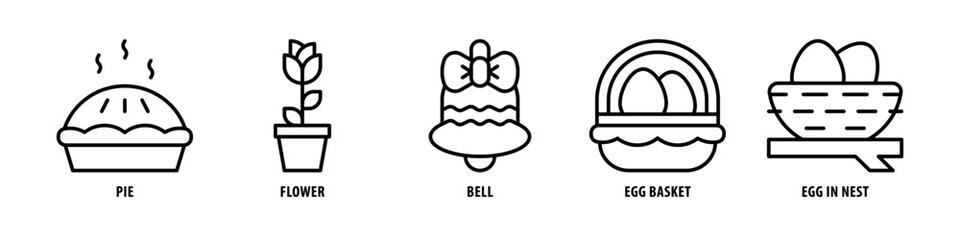 Egg in Nest, Egg Basket, Bell, Flower, Pie editable stroke outline icons set isolated on white background flat vector illustration.