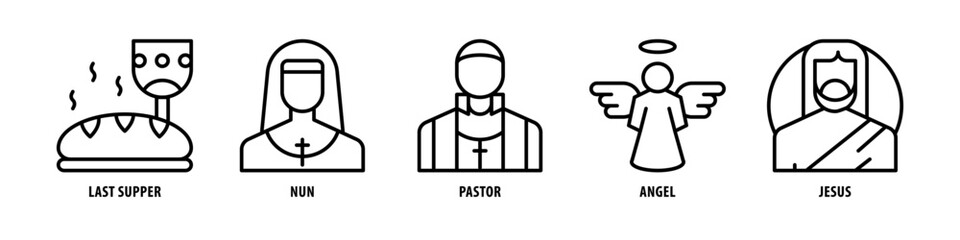 Jesus, Angel, Pastor, Nun, Last Supper editable stroke outline icons set isolated on white background flat vector illustration.