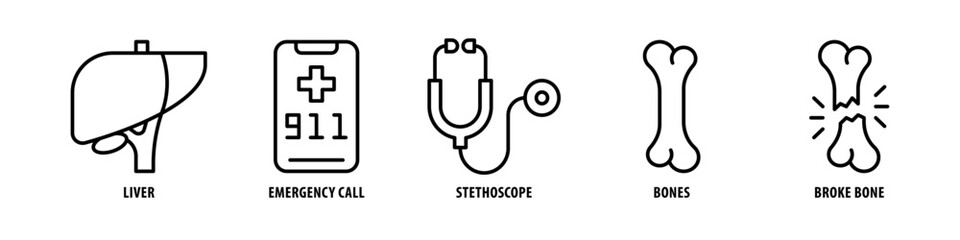 Broke Bone, Bones, Stethoscope, Emergency Call, Liver editable stroke outline icons set isolated on white background flat vector illustration.