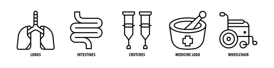 Wheelchair, Medicine Logo, Crutches, Intestines, Lungs editable stroke outline icons set isolated on white background flat vector illustration.
