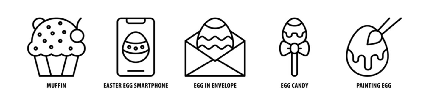 Painting Egg, Egg Candy, Egg in Envelope, Easter Egg Smartphone, Muffin editable stroke outline icons set isolated on white background flat vector illustration.