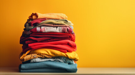 Vibrant Fashion Showcase: Colorful Clothes Piled on Table – Trendy Apparel and Textiles for a Stylish Wardrobe Display