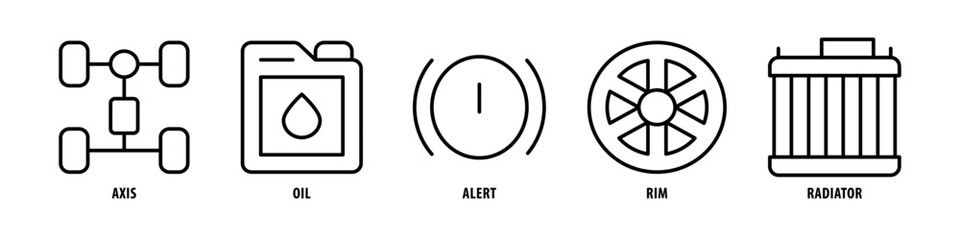 Radiator, Rim, Alert, Oil, Axis editable stroke outline icons set isolated on white background flat vector illustration.