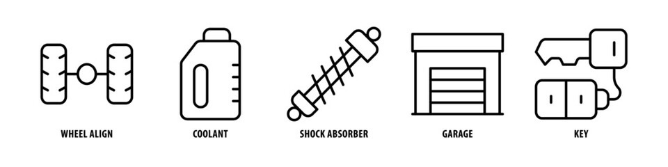 Key, Garage, Shock Absorber, Coolant, Wheel Align editable stroke outline icons set isolated on white background flat vector illustration.
