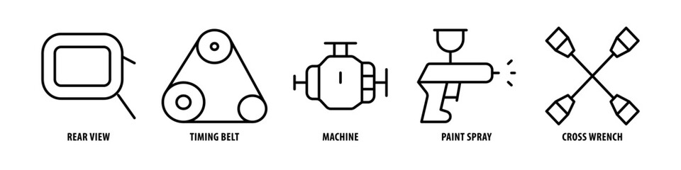 Cross Wrench, Paint Spray, Machine, Timing Belt, Rear View editable stroke outline icons set isolated on white background flat vector illustration.