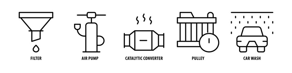 Car Wash, Pulley, Catalytic converter, Air Pump, Filter editable stroke outline icons set isolated on white background flat vector illustration.