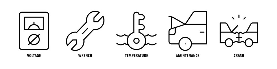 Crash, Maintenance, Temperature, Wrench, Voltage editable stroke outline icons set isolated on white background flat vector illustration.