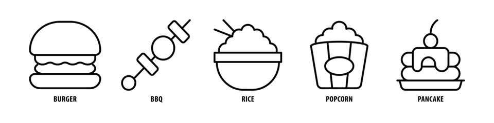 Pancake, Popcorn, Rice, BBQ, Burger editable stroke outline icons set isolated on white background flat vector illustration. - obrazy, fototapety, plakaty