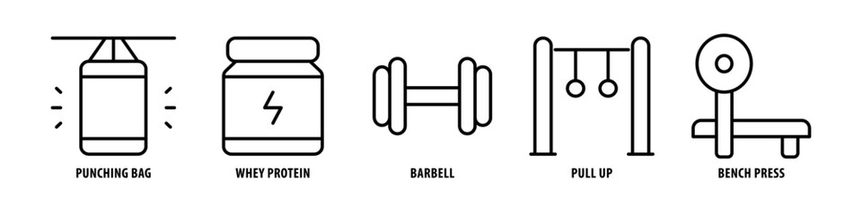 Bench press, Pull Up, Barbell, Whey Protein, Punching Bag editable stroke outline icons set isolated on white background flat vector illustration.