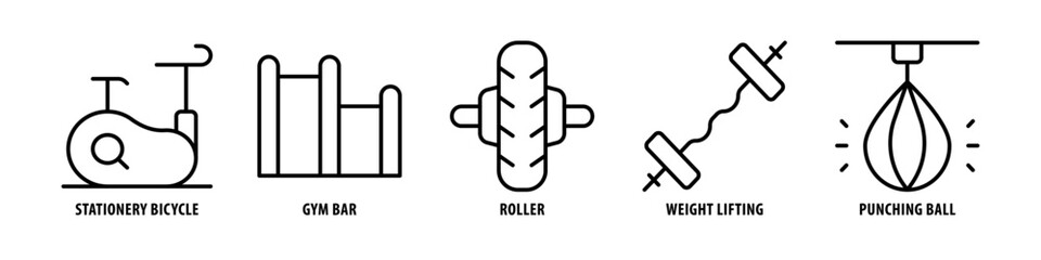 Punching Ball, Weight lifting, Roller, Gym Bar, Stationary bicycle editable stroke outline icons set isolated on white background flat vector illustration.