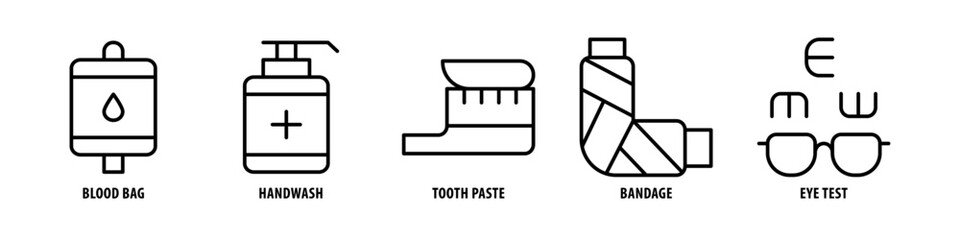 Eye Test, Bandage, Toothpaste, Handwash, Blood Bag editable stroke outline icons set isolated on white background flat vector illustration.
