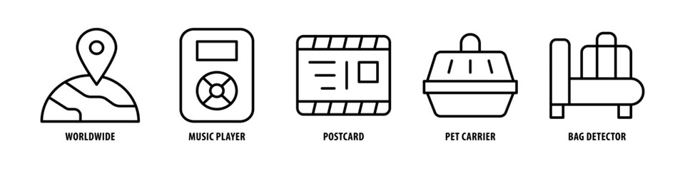 Fototapeta na wymiar Bag Detector, Pet Carrier, Postcard, Music Player, Worldwide editable stroke outline icons set isolated on white background flat vector illustration.