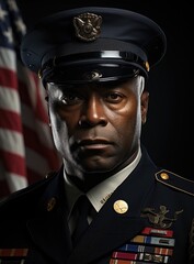 Brave serious african-american soldier wear soldier captain uniform with the bokeh background of US flag