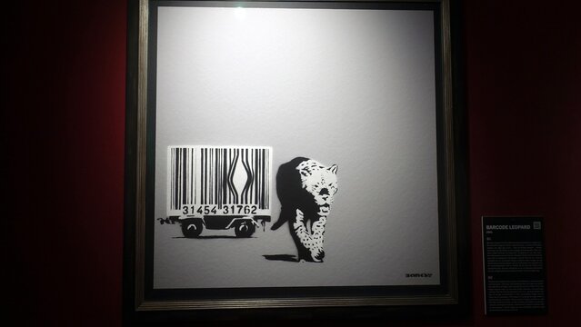 Stockholm, Sweden, December 29 2023. Art exhibition. The mystery of Banksy A genius mind. Leopard.
